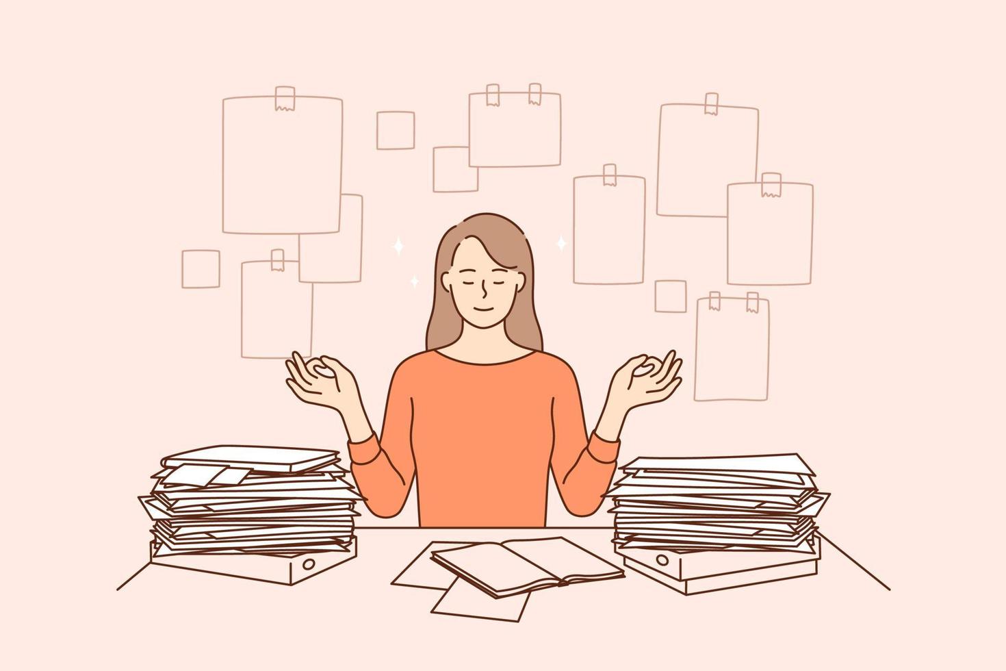 Harmony, peace, successful time management concept. Young business woman cartoon character sitting meditating and feeling confident about making many business duties and tasks vector illustration