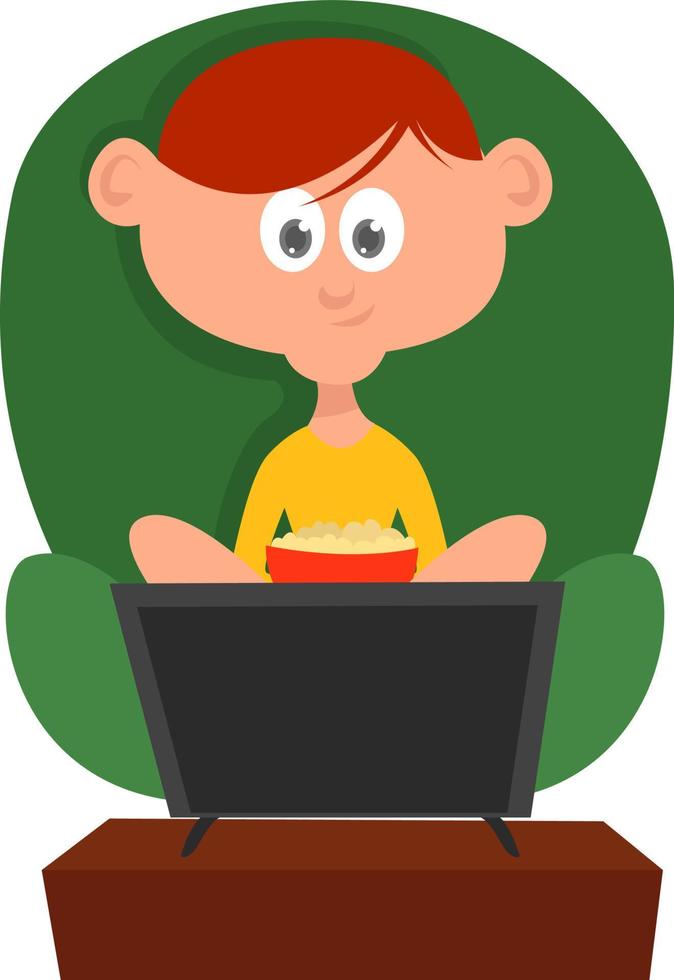 Kid watching TV, illustration, vector on white background