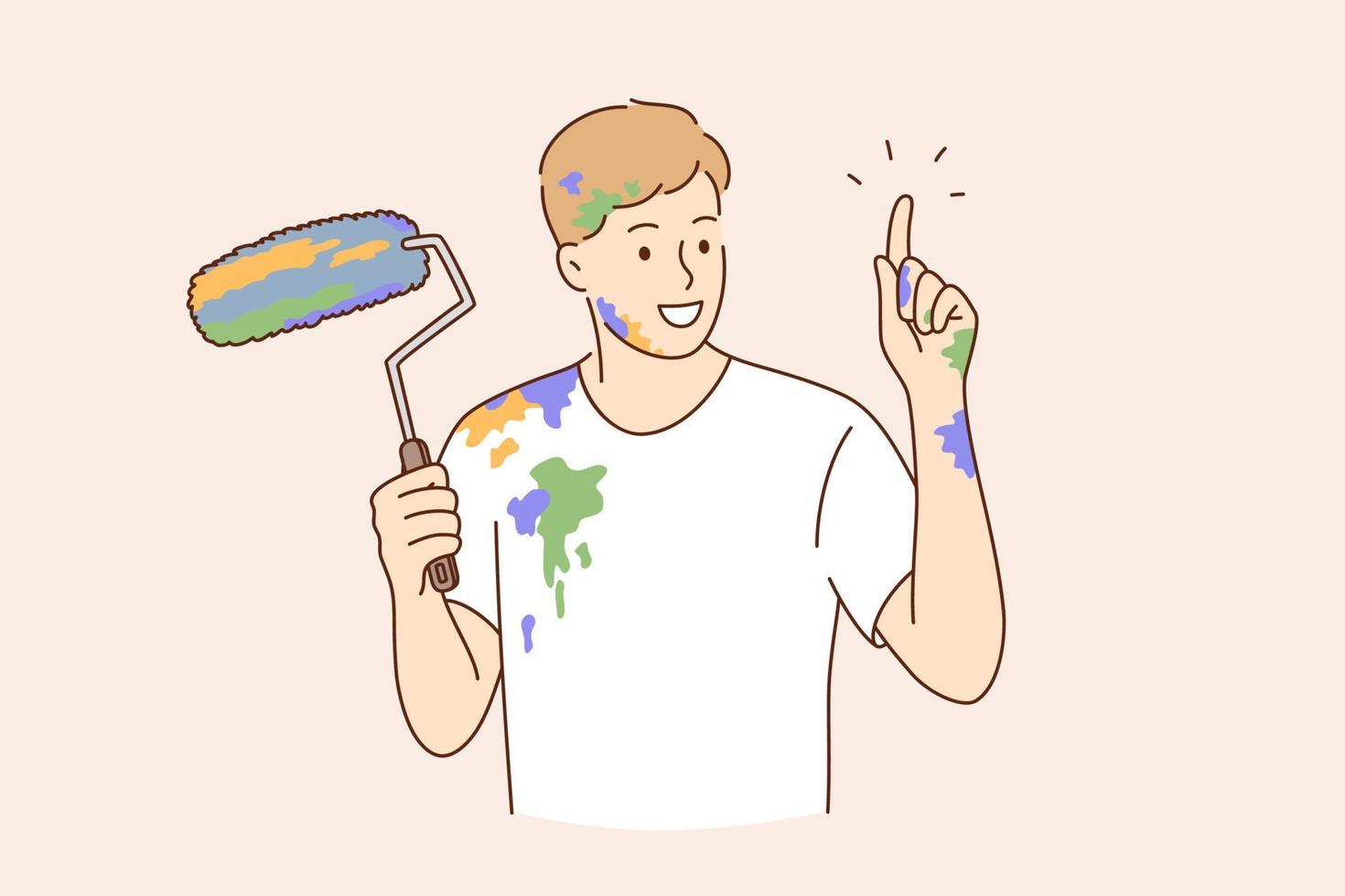 Professional painter, decorator, builder worker concept. Painter man cartoon character pointing finger up with paint roller feeling excited vector illustration