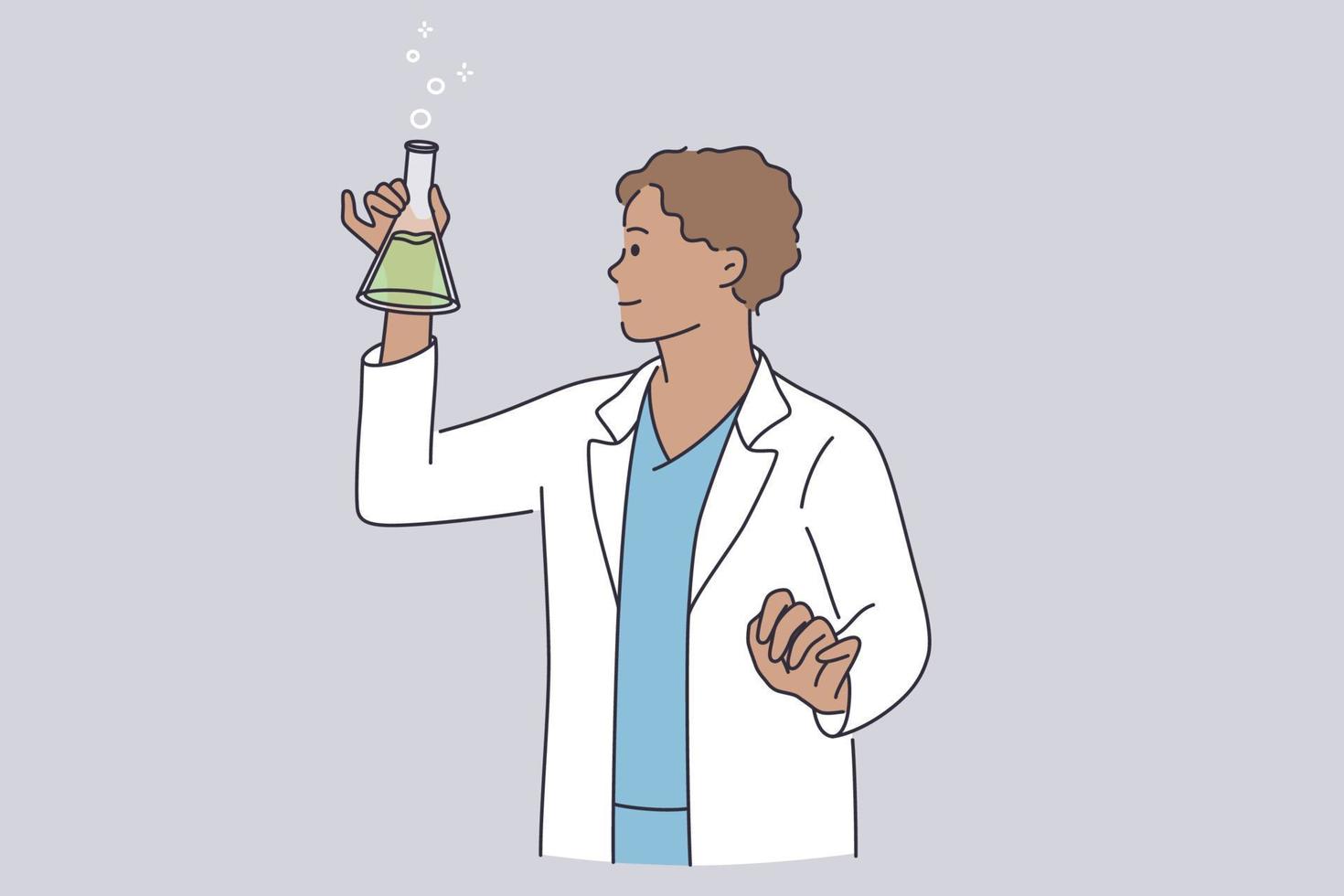 investigación científica y concepto de química. joven químico científico positivo en un personaje de dibujos animados uniforme de trabajo de pie realizando experimentos científicos en la ilustración de vector de laboratorio