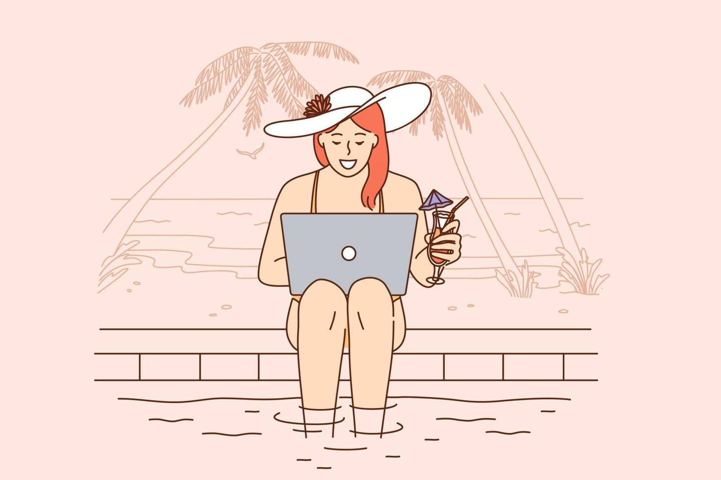 concepto de comunicación y trabajo autónomo remoto. joven personaje de dibujos animados de mujer sonriente sentado en la piscina con un cóctel y una computadora portátil y haciendo que el trabajo en línea sea una ilustración vectorial vector