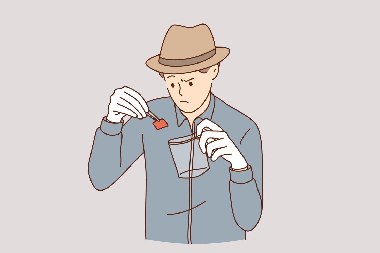 detective con concepto de trabajo de evidencia. joven serio y trabajando como detective con sombrero poniendo un trozo de papel como evidencia del crimen en una bolsa transparente especial vector