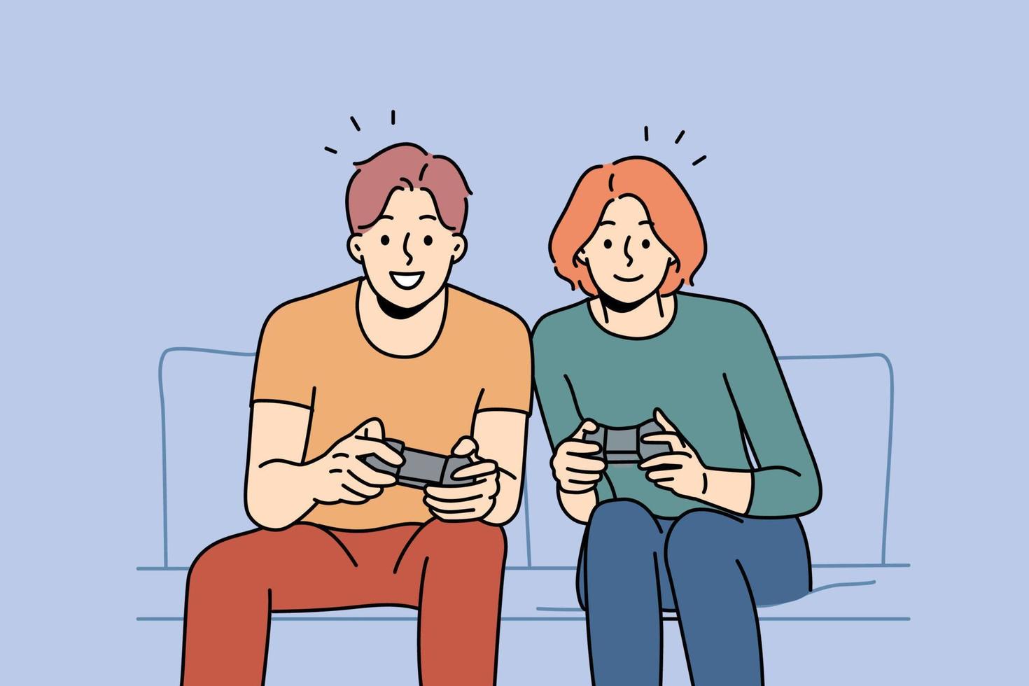 Smiling couple sit on sofa at home playing video game together. Happy man and woman have fun enjoy videogame with controllers. Vector illustration.