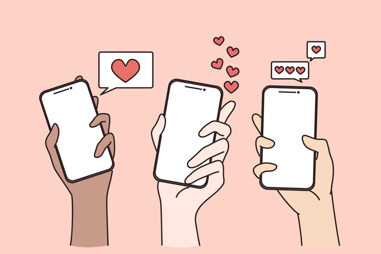 Dating in internet and online chat concept. Human hands holding smartphones with likes and hearts in application online vector illustration