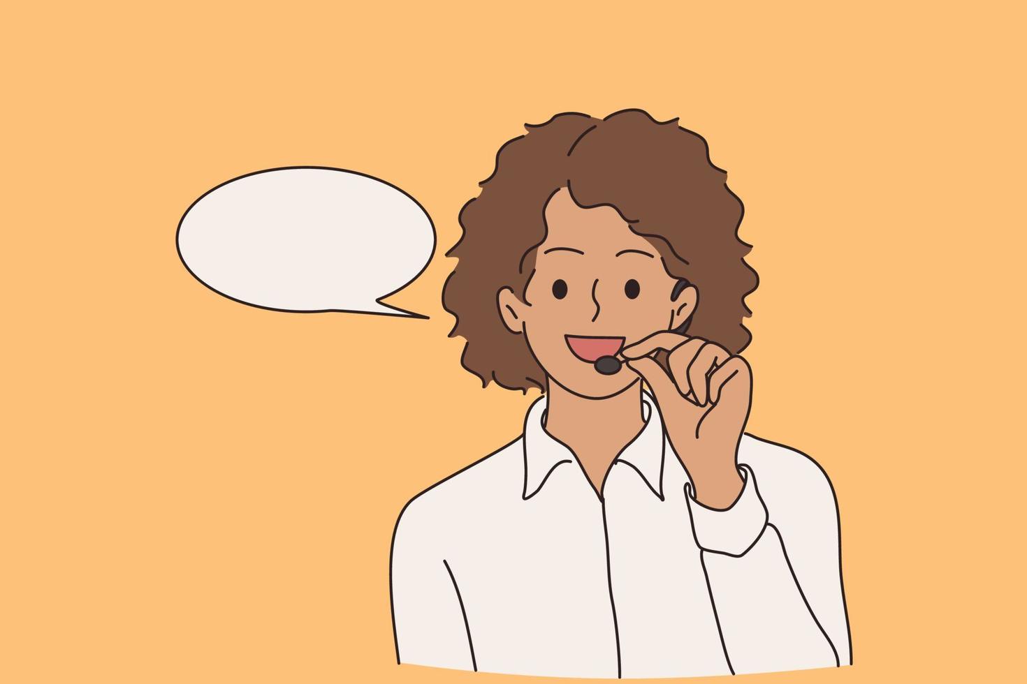 concepto de trabajador de servicio al cliente. joven sonriente positivo telemarketer afroamericano mujer personaje de dibujos animados que muestra el gesto de llamada de equipo de teléfono móvil con ilustración de vector de dedos