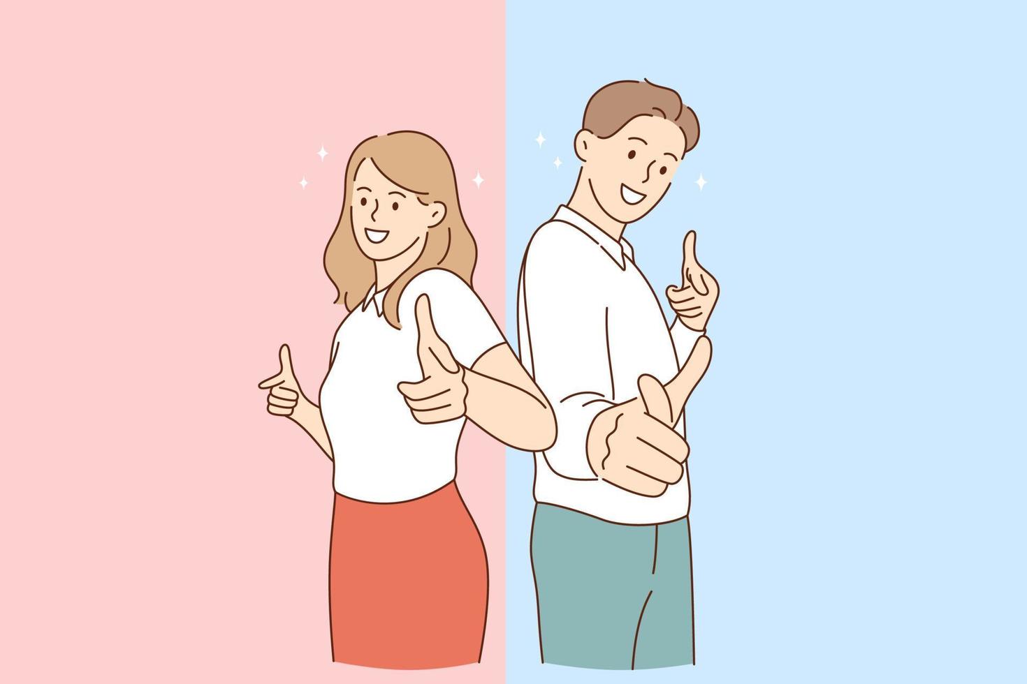 Positive emotions and good vibes concept. Young smiling cheerful couple woman and man cartoon characters standing pointing at camera showing thumbs up sign vector illustration