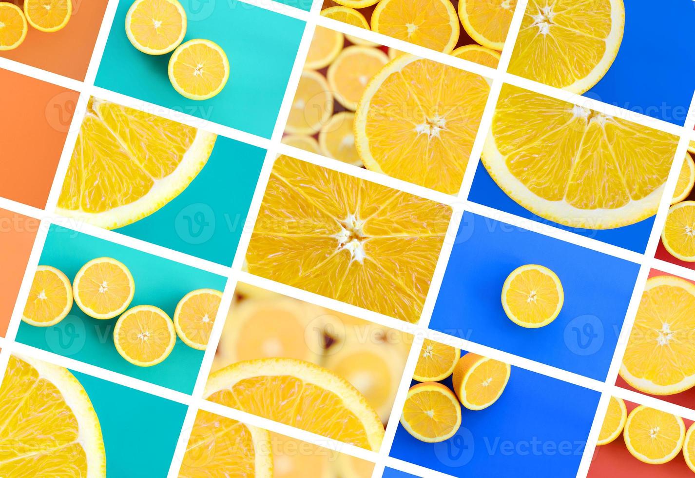 A collage of many pictures with juicy oranges. Set of images with fruits on backgrounds of different colors photo