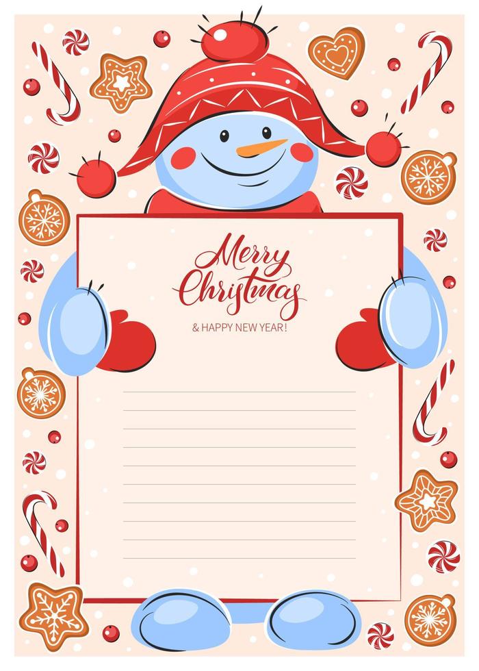 Letter to Santa Claus. Template with Christmas sweets, cookies and snowman. Vector illustration
