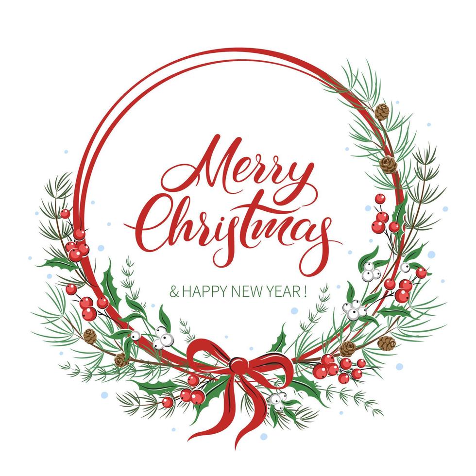 Merry Christmas wreath with text. Green fir, twigsred and whites berries. Greeting card template for winter holidays. Vector illustration.