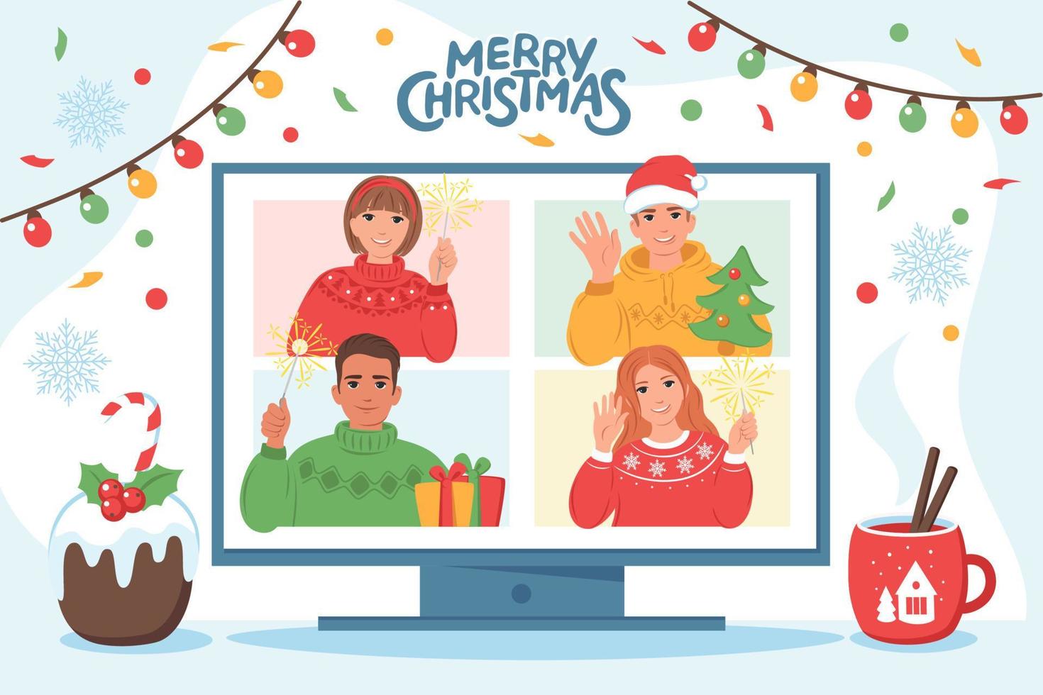 Christmas party online. Group of different people meeting on videoconference. Vector illustration