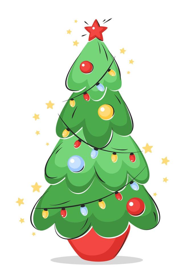 Christmas tree with star, lights, decoration balls and lamps. Merry Christmas and a happy new year. Vector illustration.