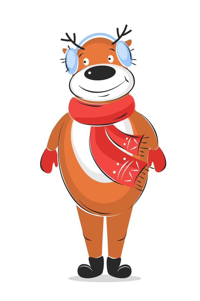 Christmas cartoon reindeer with scarf and in fur headphones. Merry Christmas and a happy new year. Vector illustration.