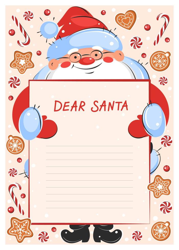 modelo de carta a santa claus. dulces navideños y galletas. ilustración vectorial vector