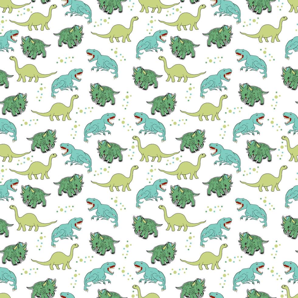 Vector seamless pattern with cartoon dinosaurs. Hand drawn doodle background for kids.