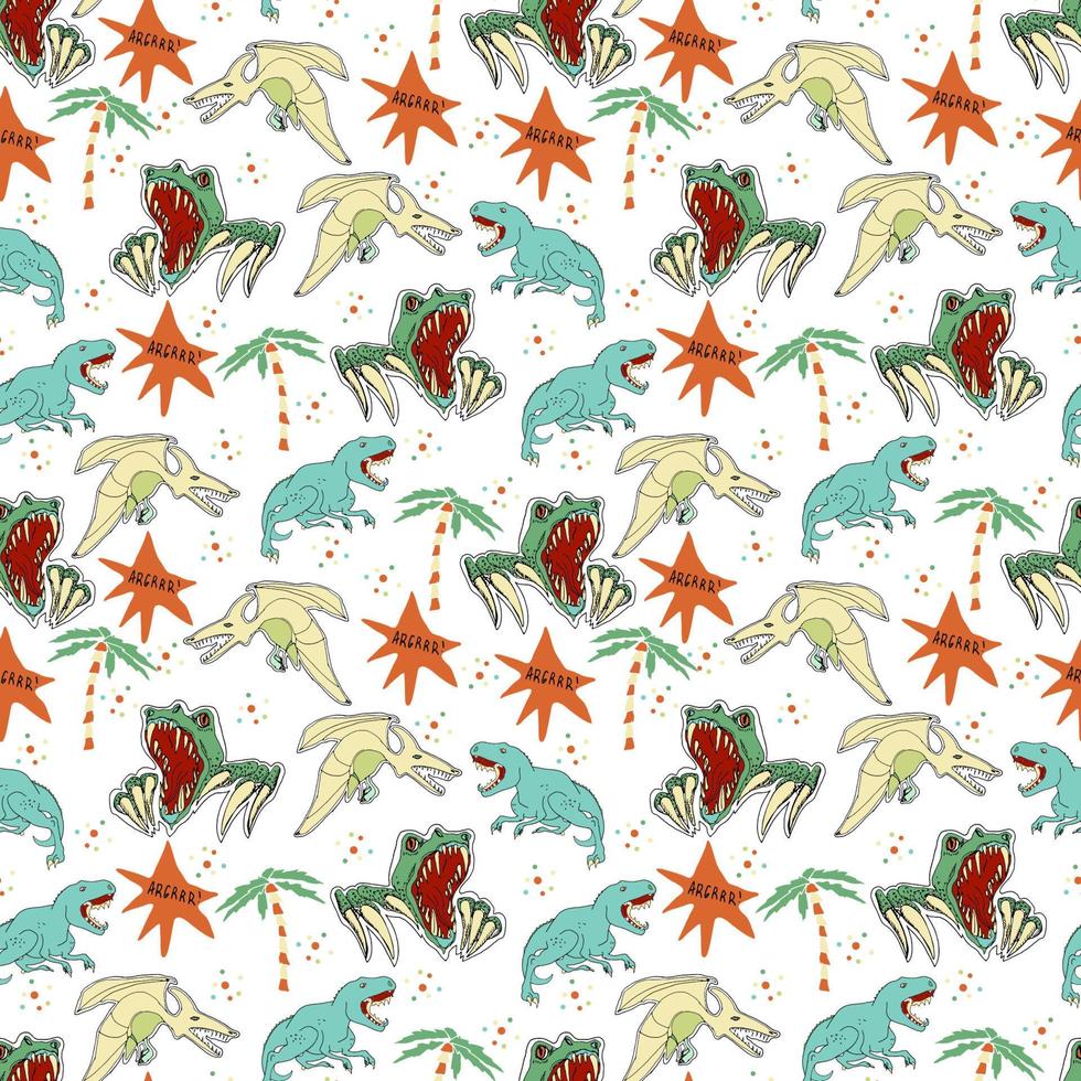 Vector seamless pattern with cartoon dinosaurs. Hand drawn doodle background for kids.