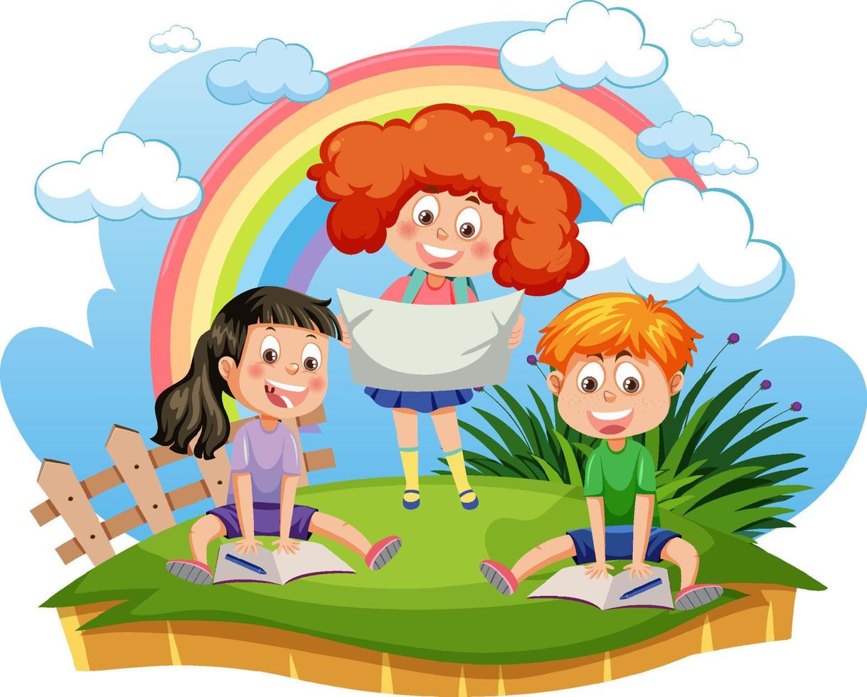 happy kids doing homework vector