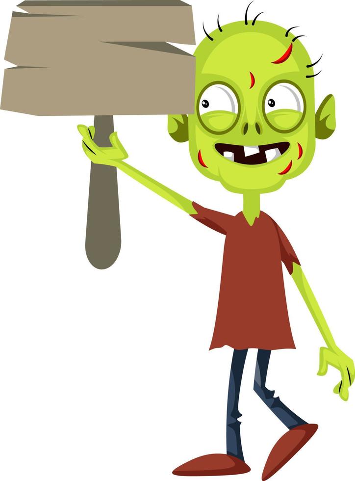 Zombie with wooden sign, illustration, vector on white background.