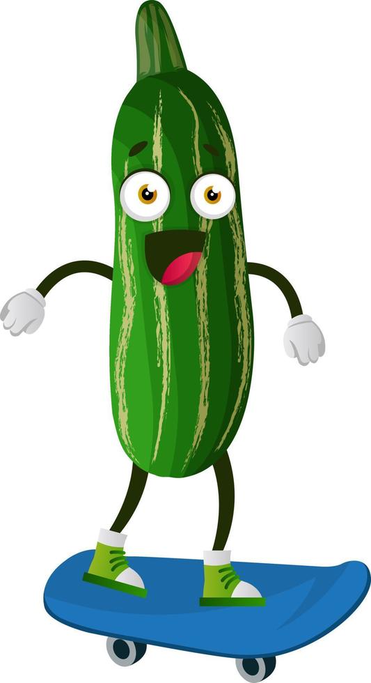 Cucumber on skateboard, illustration, vector on white background.