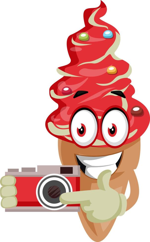 Ice cream with camera, illustration, vector on white background.
