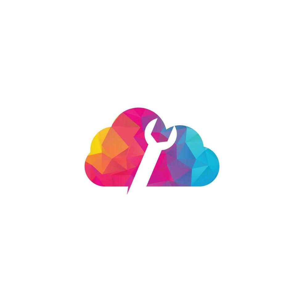 vector de plantilla de diseño de logotipo de concepto de forma de nube de llave inglesa. icono de logotipo de reparación de llave con elemento gráfico swoosh