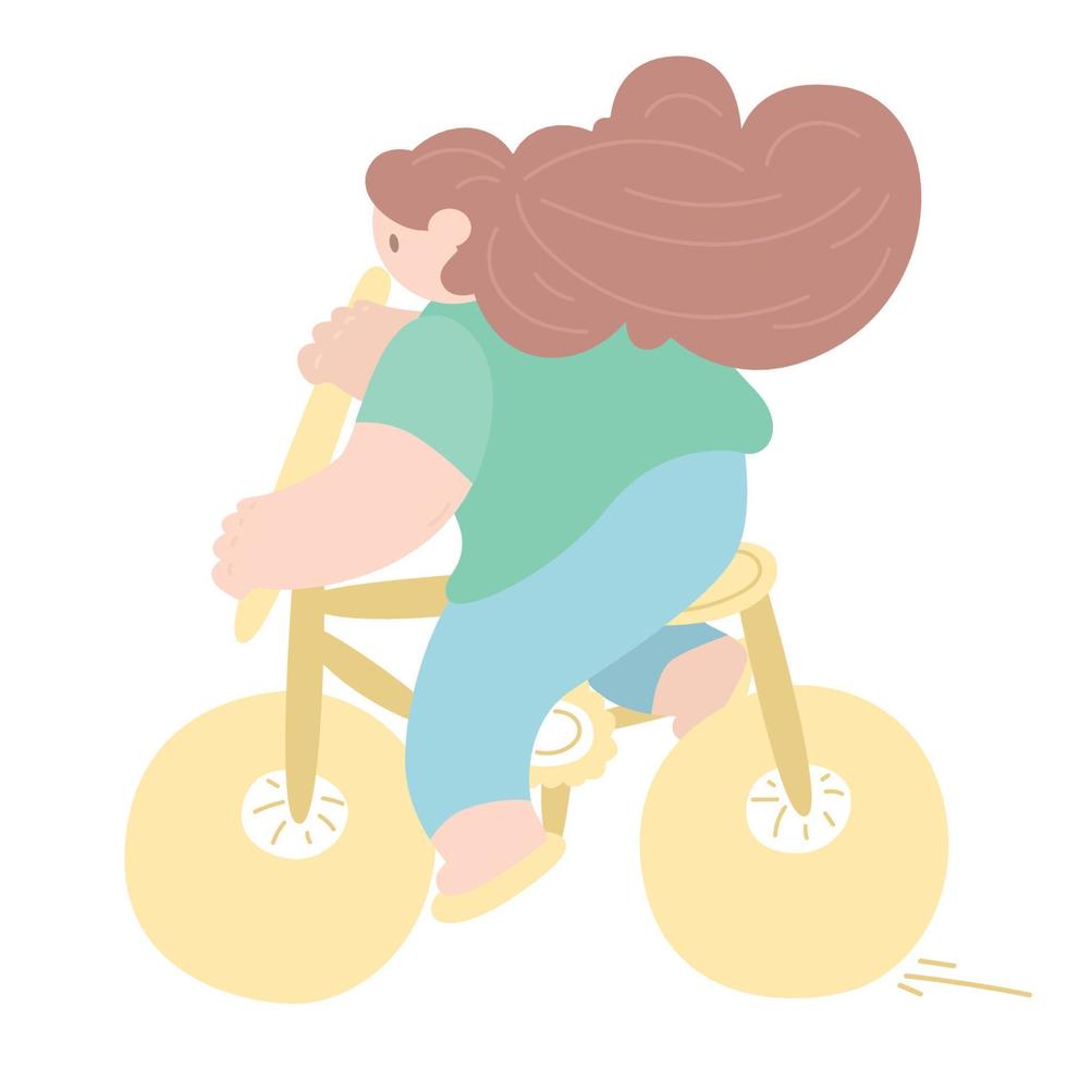 joven sonriente montando en bicicleta con el pelo largo. mujer montando bicicleta. concepto de estilo de vida verde. ilustración vectorial plana. actividad al aire libre vector