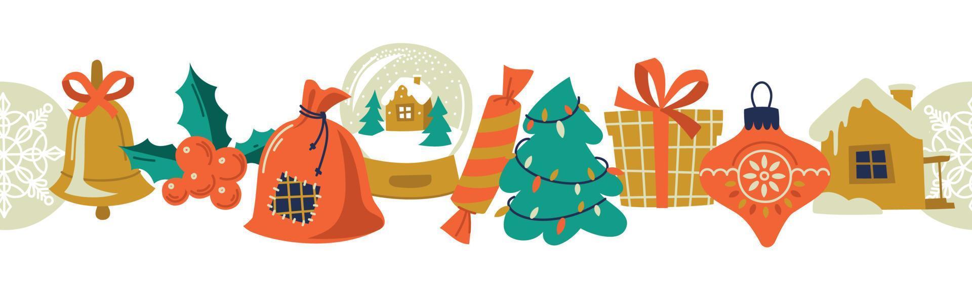 Christmas frame. Christmas border. Ribbon from Christmas elements. Seamless Christmas pattern. Vector image.
