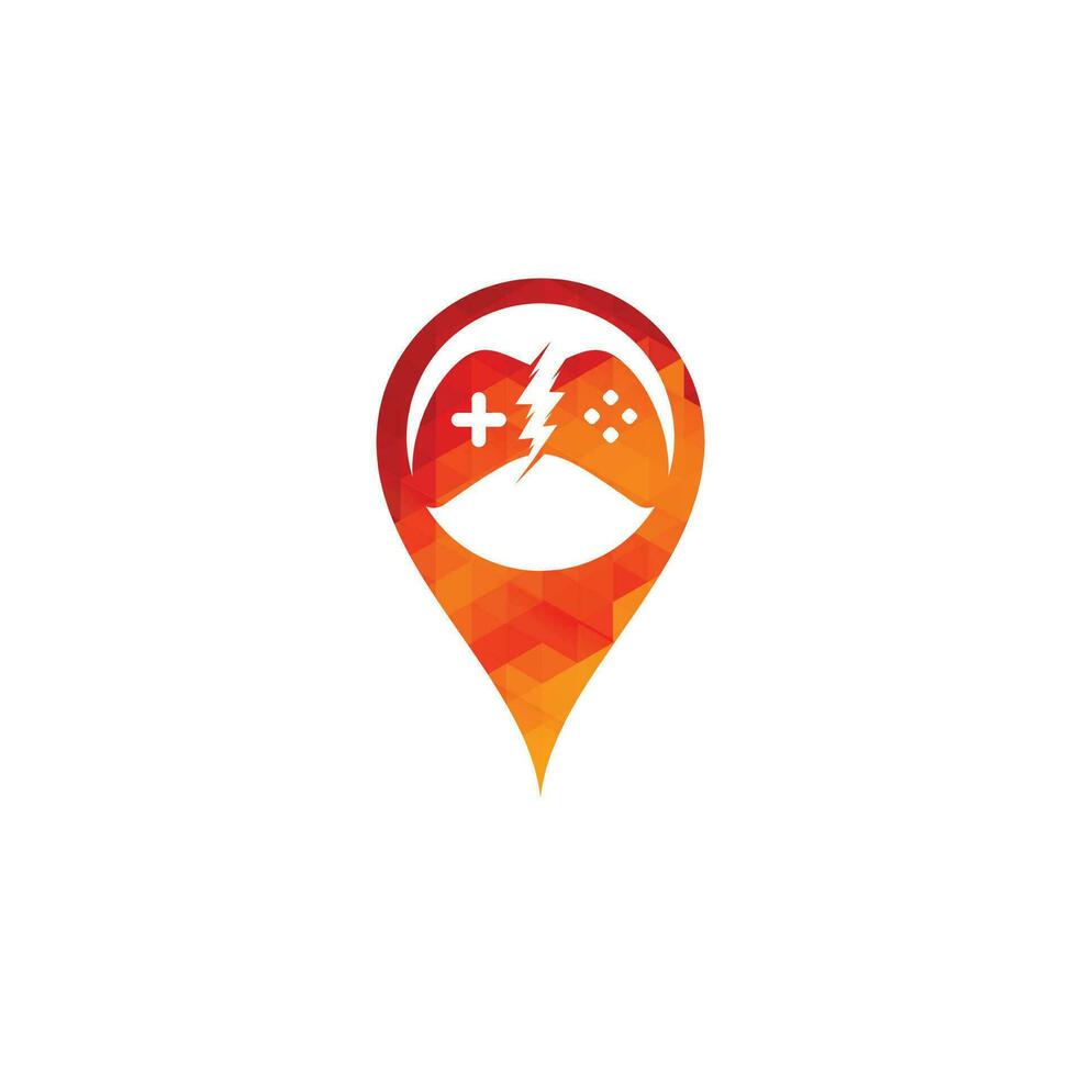 Diseño de logotipo de concepto de forma de pin de mapa de juego de truenos. control del juego con el logotipo del icono del rayo vector