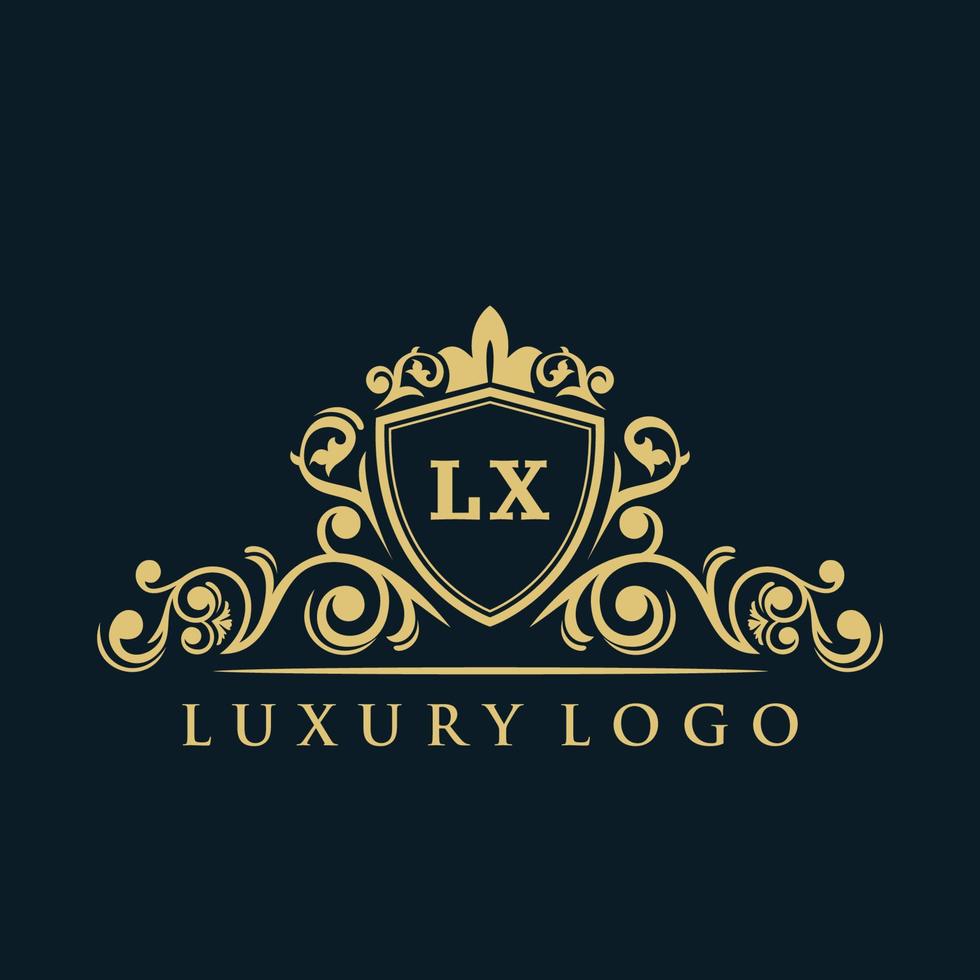 logotipo de la letra lx con escudo dorado de lujo. plantilla de vector de logotipo de elegancia.