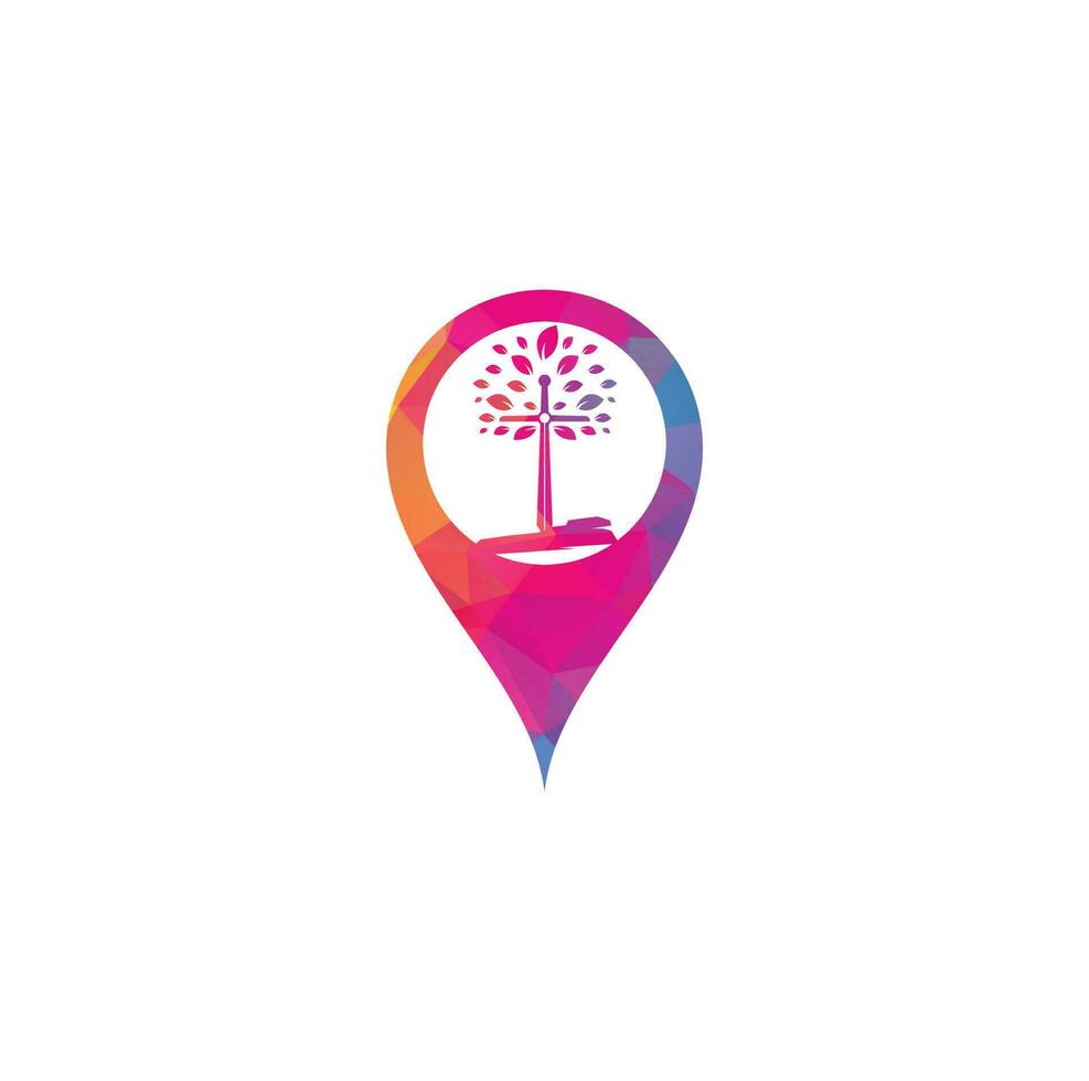 Church map pin shape concept logo. Christian church cross praying tree logo. Christian Sword Church Cross logo design vector