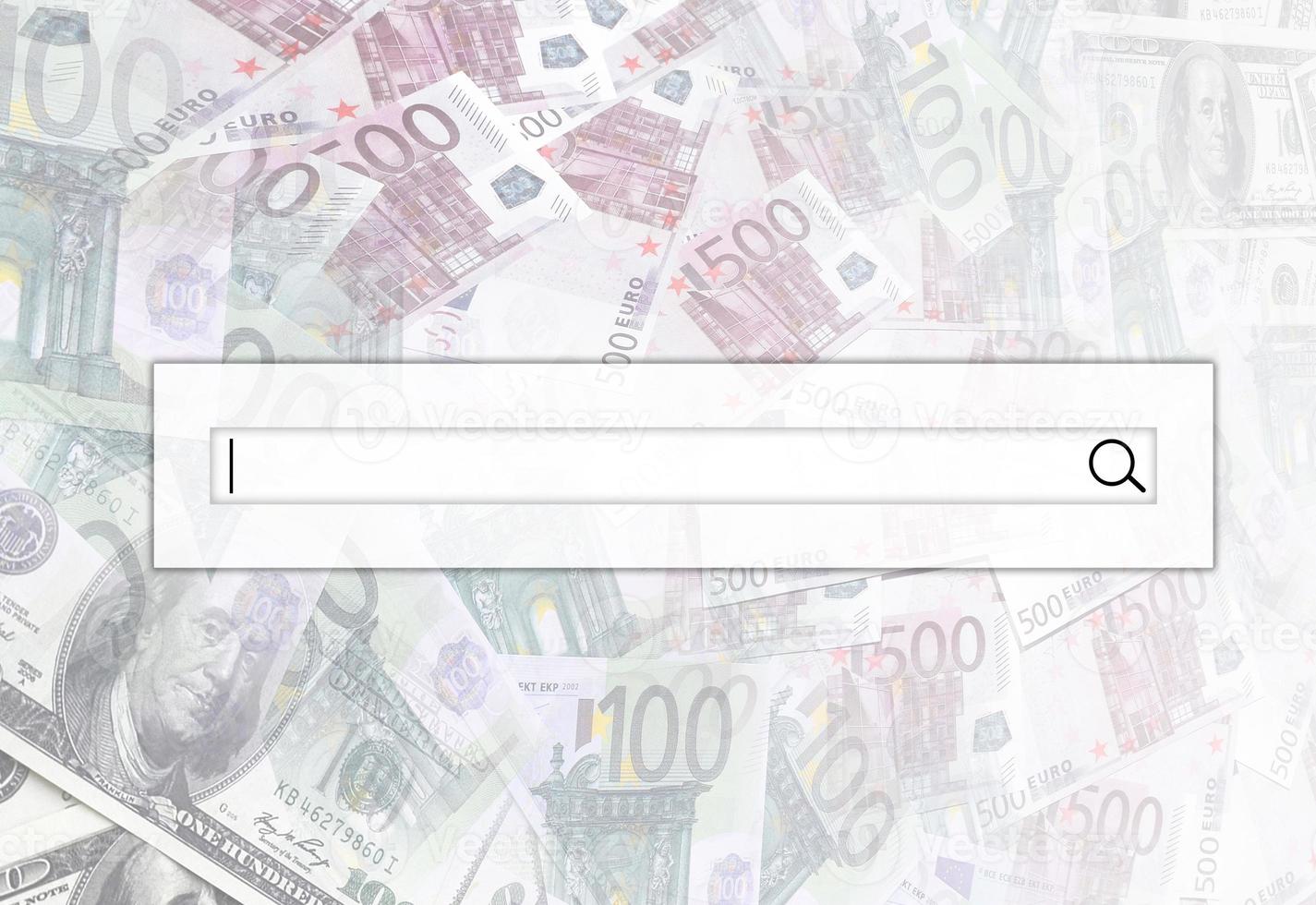 The search string is located on top of collage of many images of euro banknotes in denominations of 100 and 500 euros lying in the heap photo