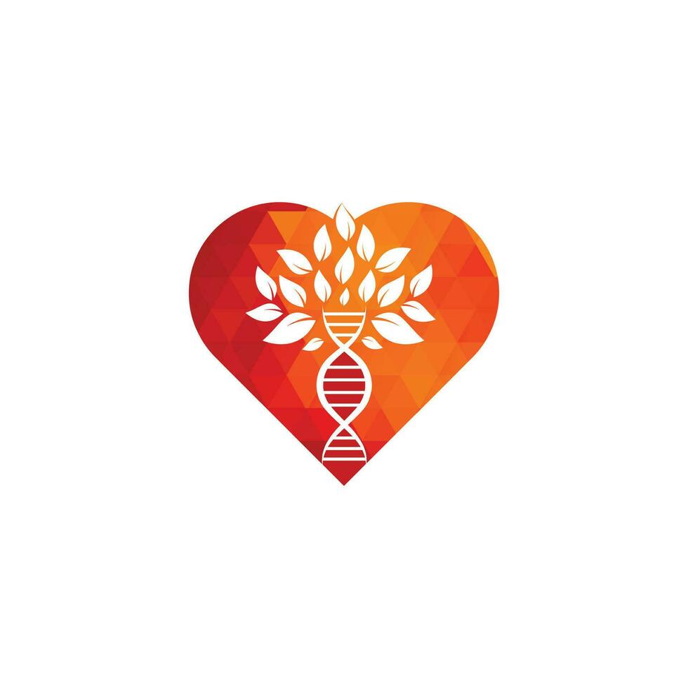 Dna tree heart shape concept vector logo design. DNA genetic icon. DNA with green leaves vector logo design.