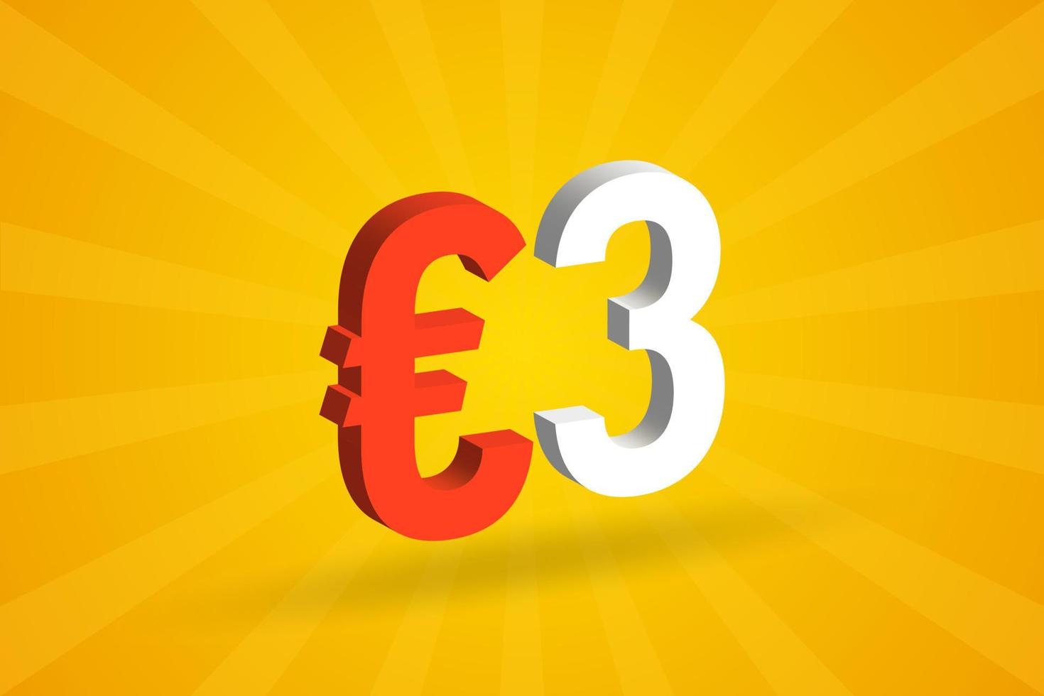 3 Euro Currency 3D vector text symbol. 3D 3 Euro European Union Money stock vector