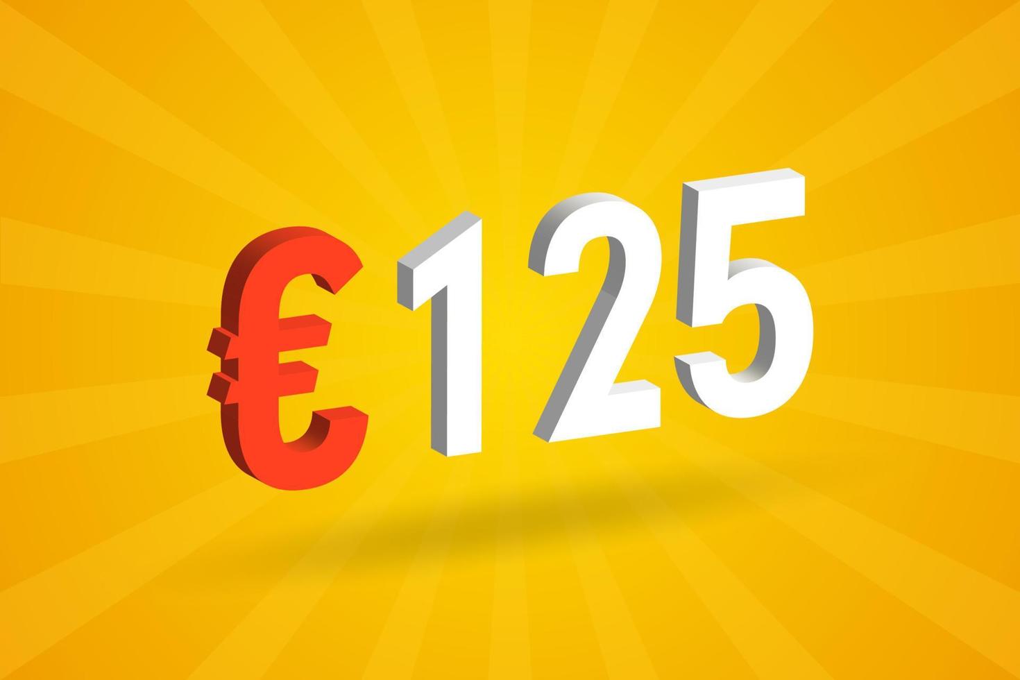 125 Euro Currency 3D vector text symbol. 3D 125 Euro European Union Money stock vector