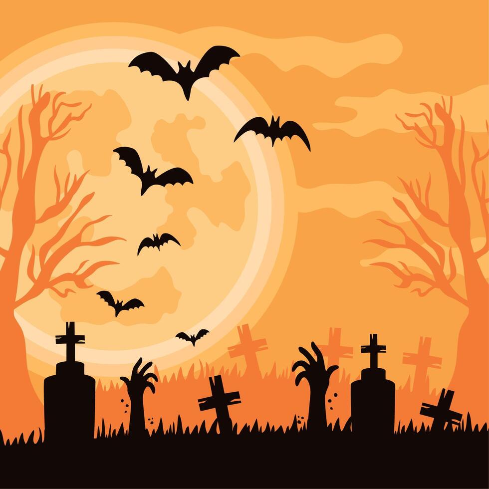 cemetery with bats flying vector