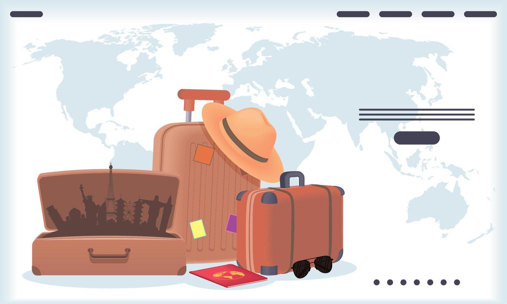 travel equipment and world map vector