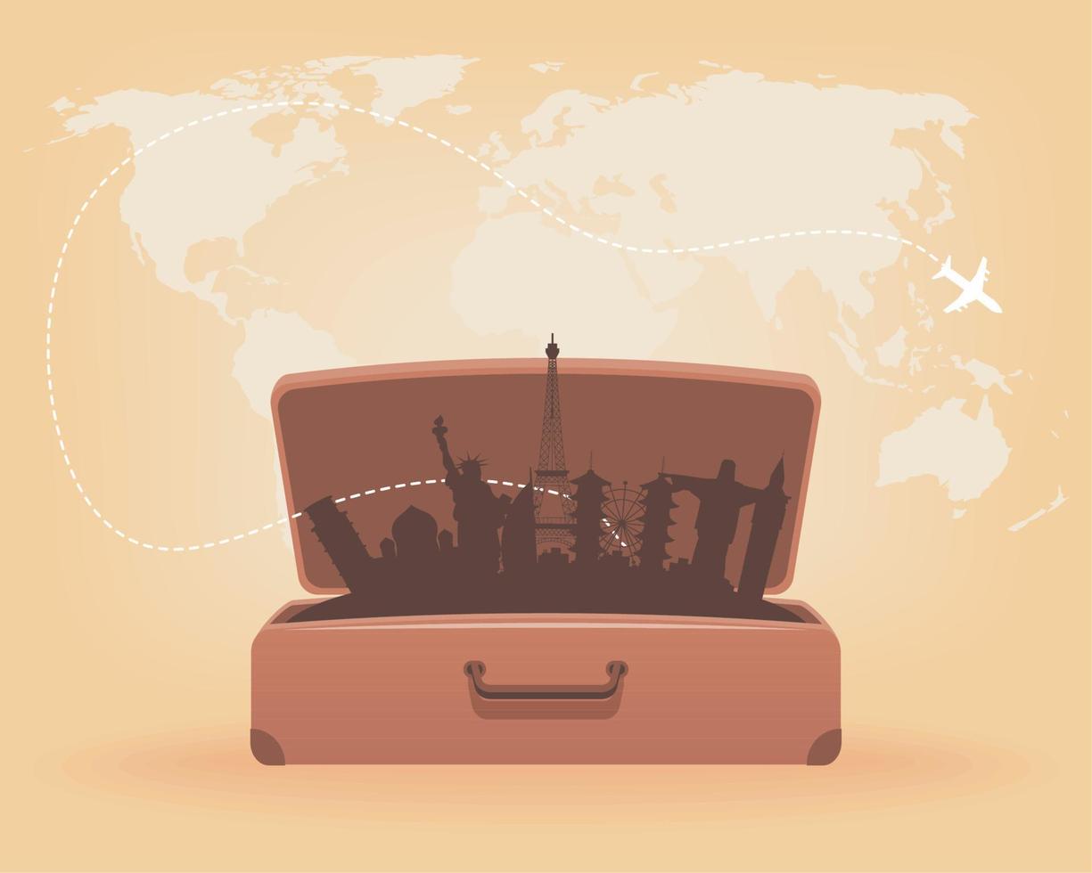 suitcase with world landmarks vector