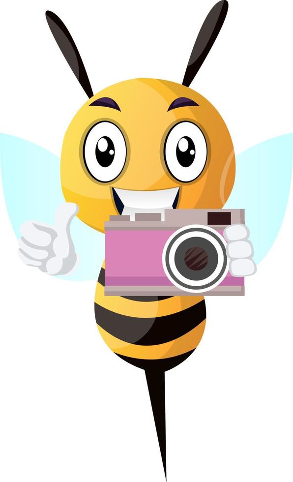 Bee holding a camera, illustration, vector on white background.