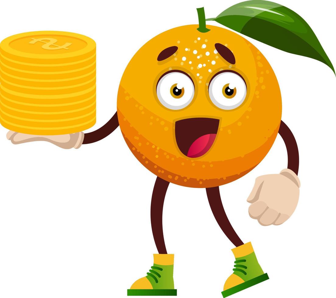 Orange with coins, illustration, vector on white background.