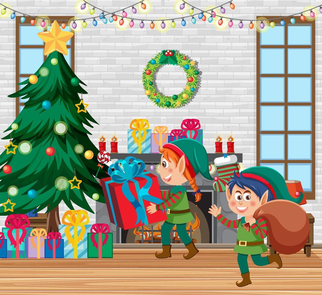 duende navideño niños en la escena de la habitación vector