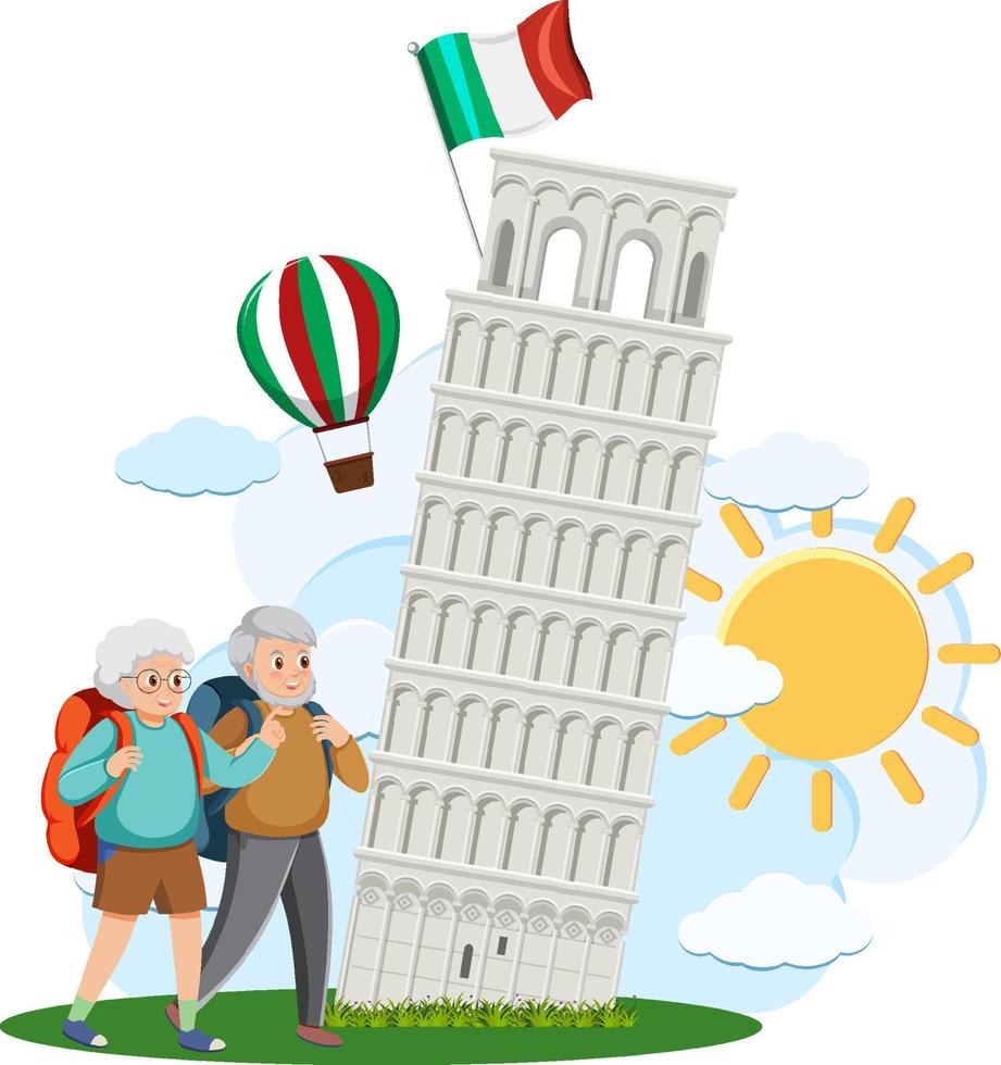 Senior couple travel Pisa tower Italy vector