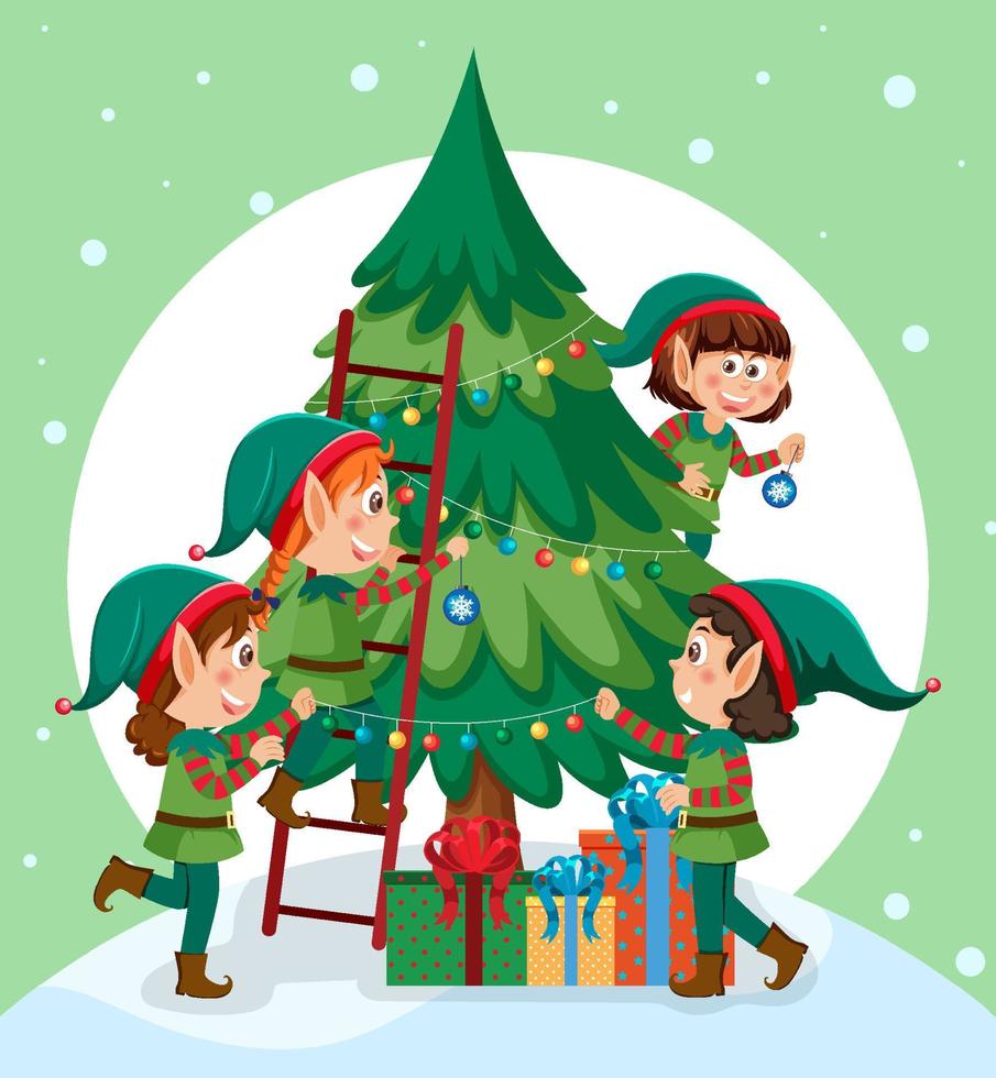 árbol de navidad con personaje de dibujos animados de duendes vector
