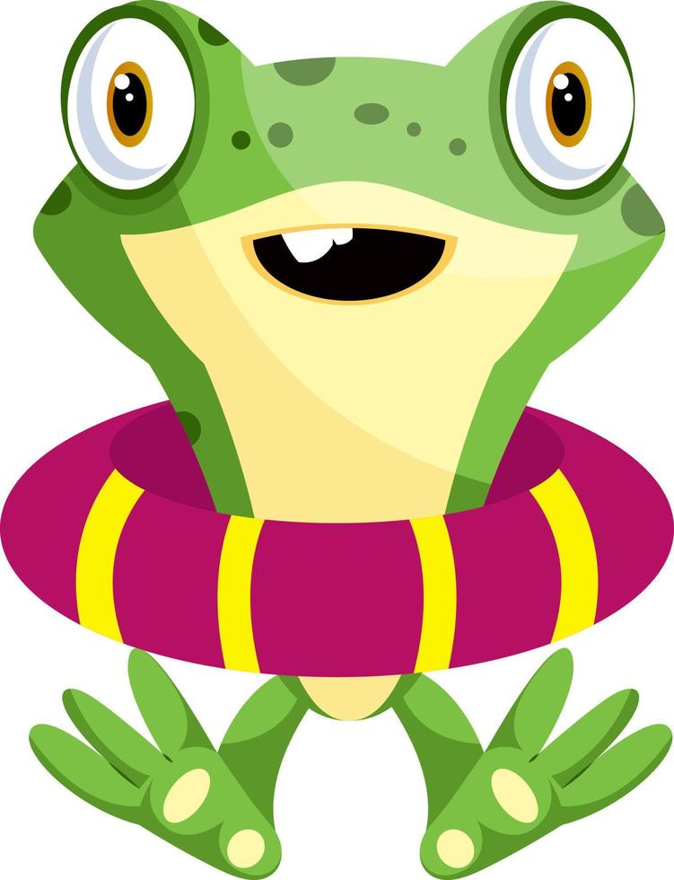 Cute baby frog wearing a life buoy, illustration, vector on white background.