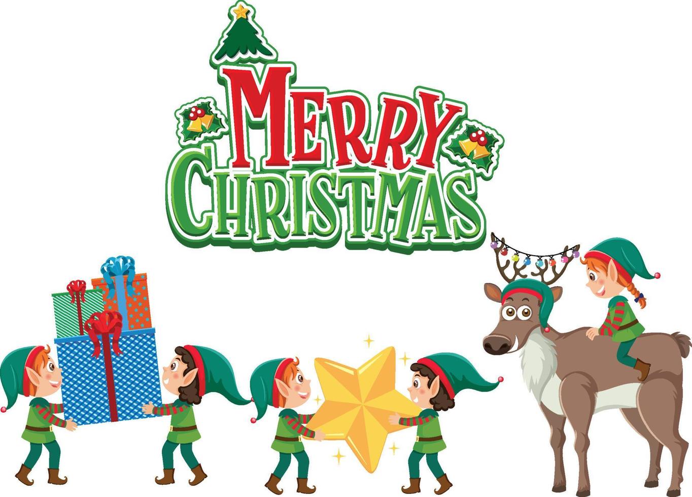 Merry Christmas text with elves cartoon character vector