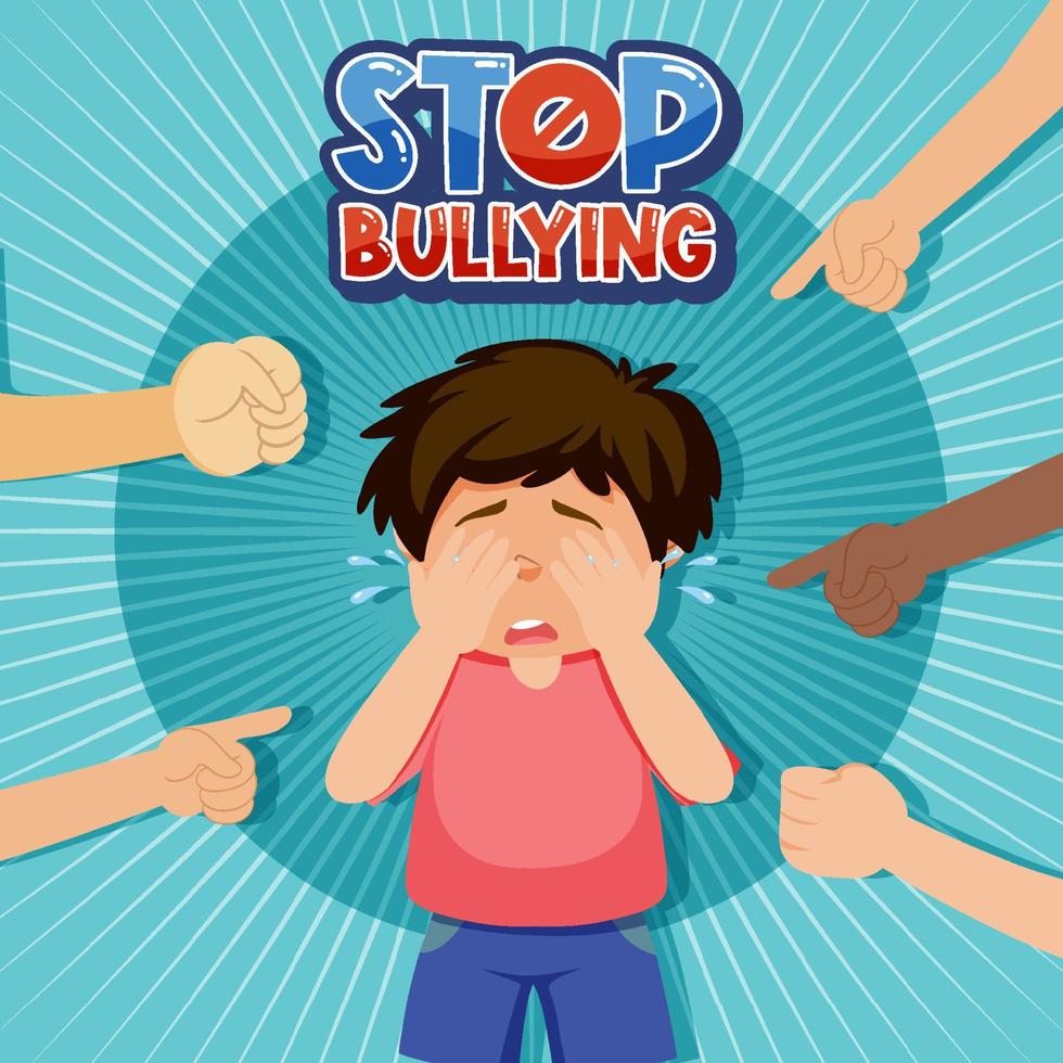 Stop Bullying text with kid surrounded by pointing fingers vector