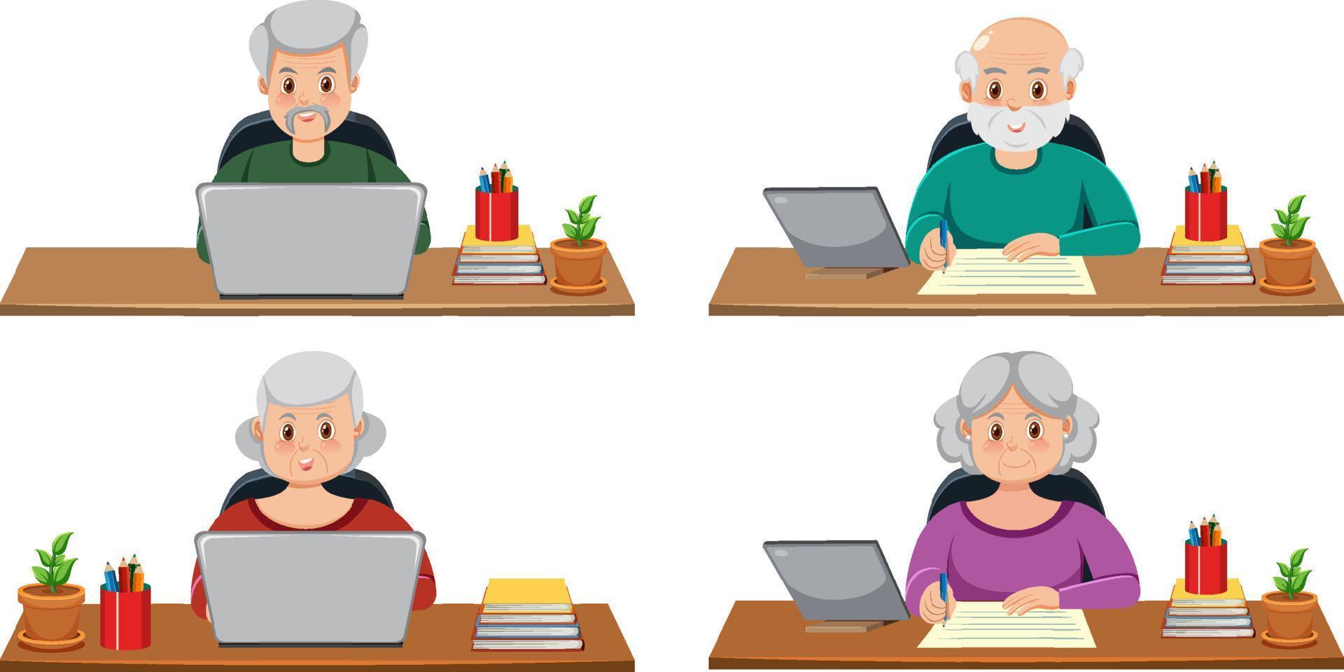 Different old people sitting in front of computer vector