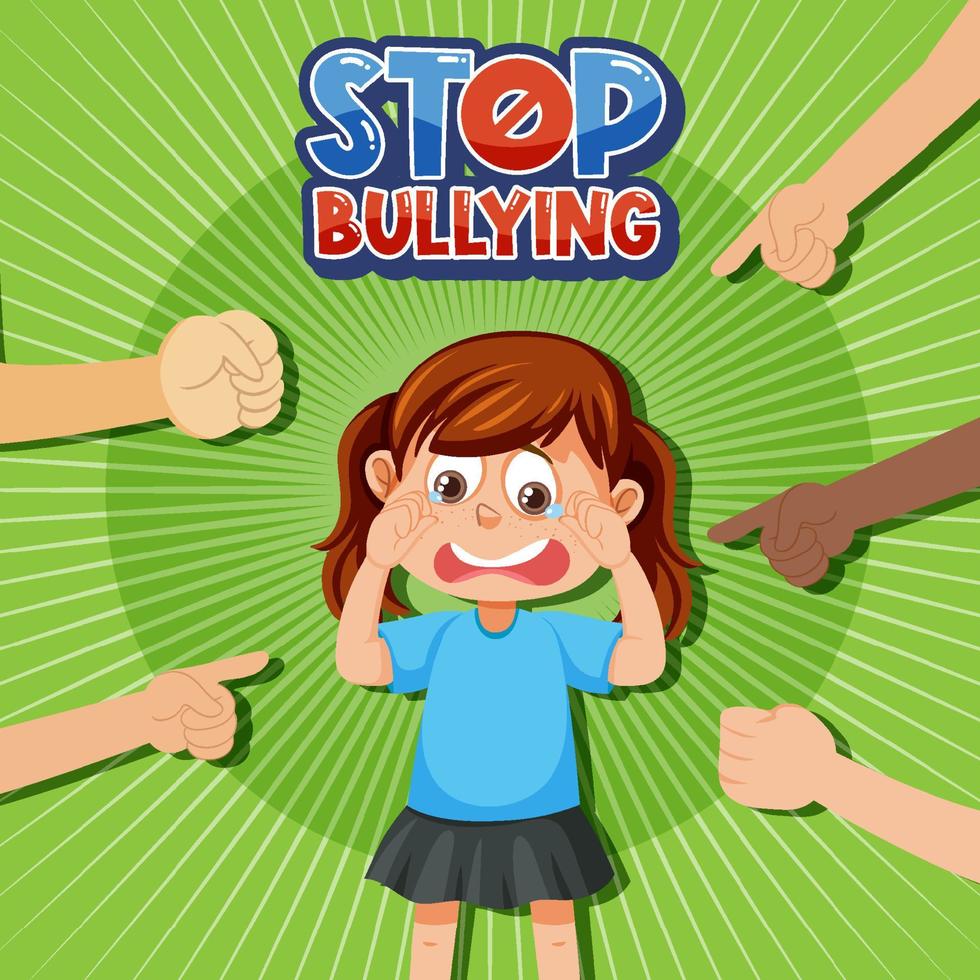 Stop Bullying text with kid surrounded by pointing fingers vector