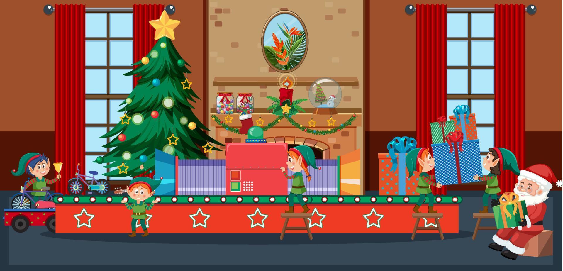 Elves making Christmas presents vector