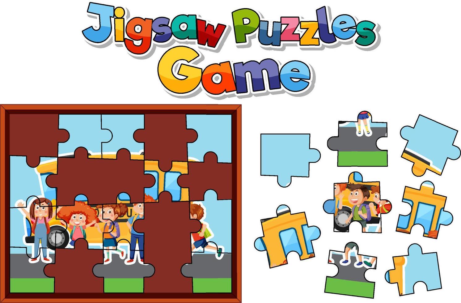 School kids photo jigsaw puzzle game template vector