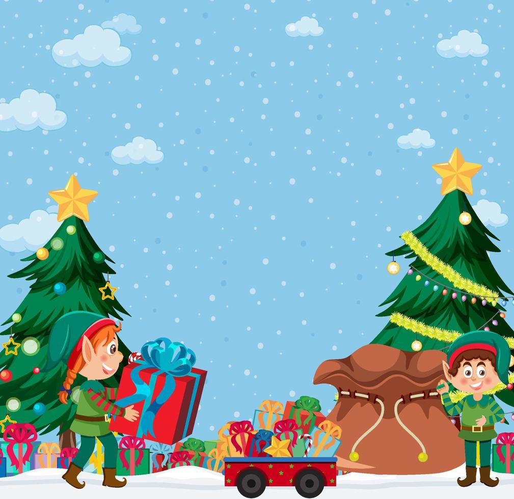 Christmas background with elves and gifts vector