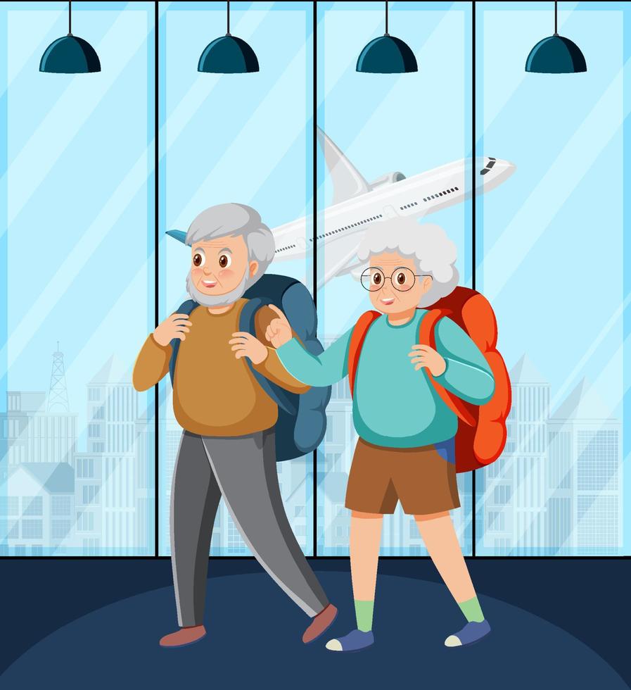 Elderly couple travelers with backpack vector